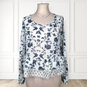 XHILIRATION Tiered Ruffle Floral Peplum Blouse Chiffon Long Sleeve Blue Small